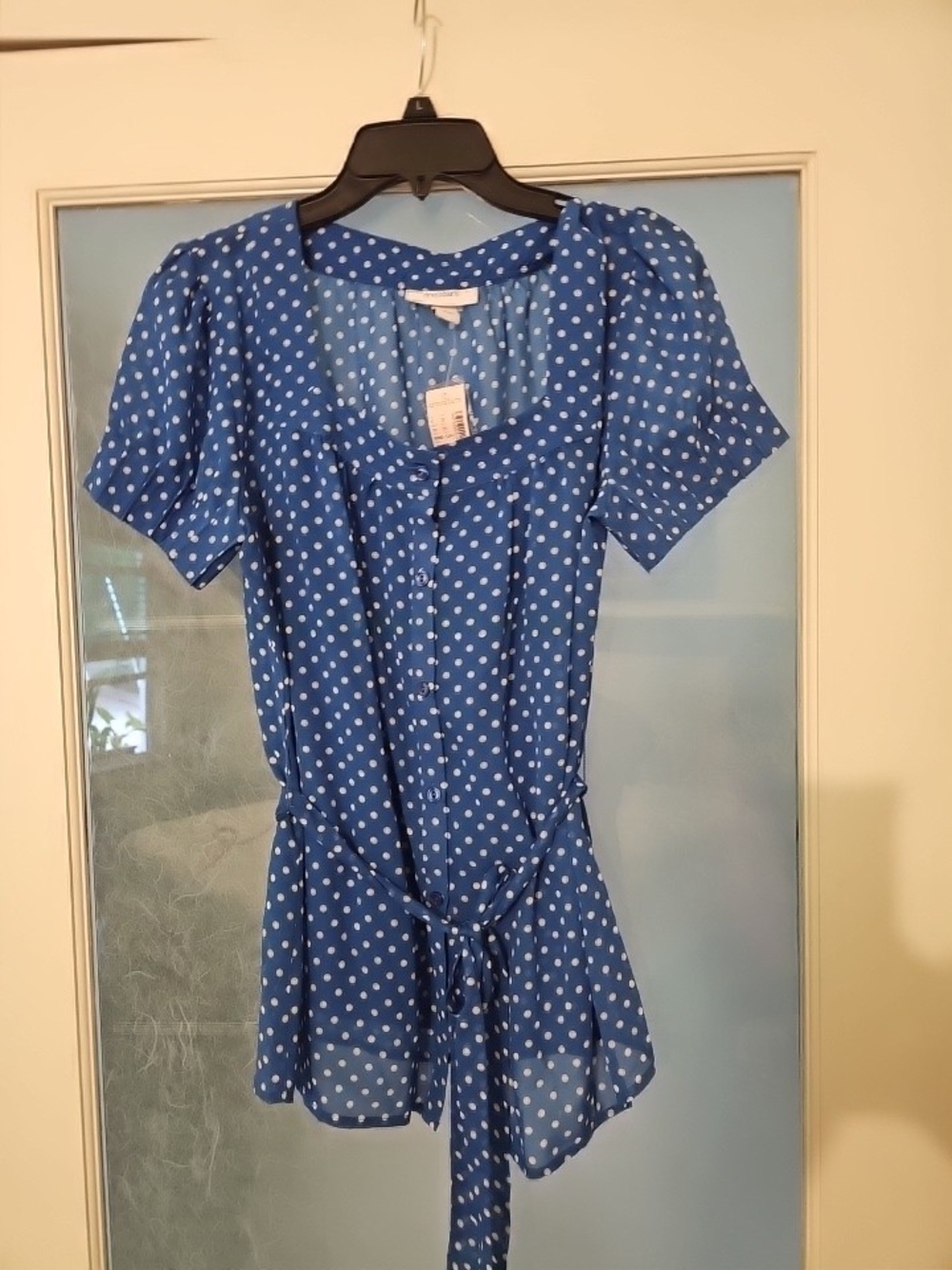 dressbarn Blue Polka Dot Blouse with White Dots Size L Inner